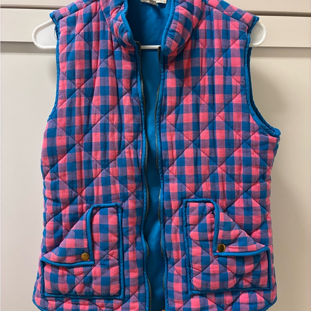Quilted Pink & Blue Plaid Puffer Vest